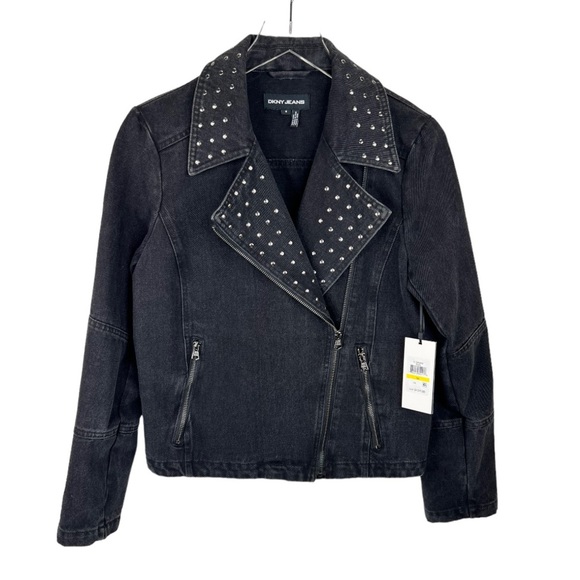 DKNY Studded Denim Moto Asymmetrical Zipper Jacket Size Medium NWT Black - Picture 1 of 8